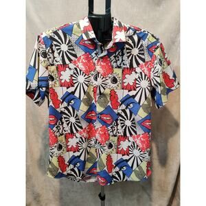 Vintage Blue Gear Shirt Men's Size Large Comic Book Print Short Sleeve Slim Fit